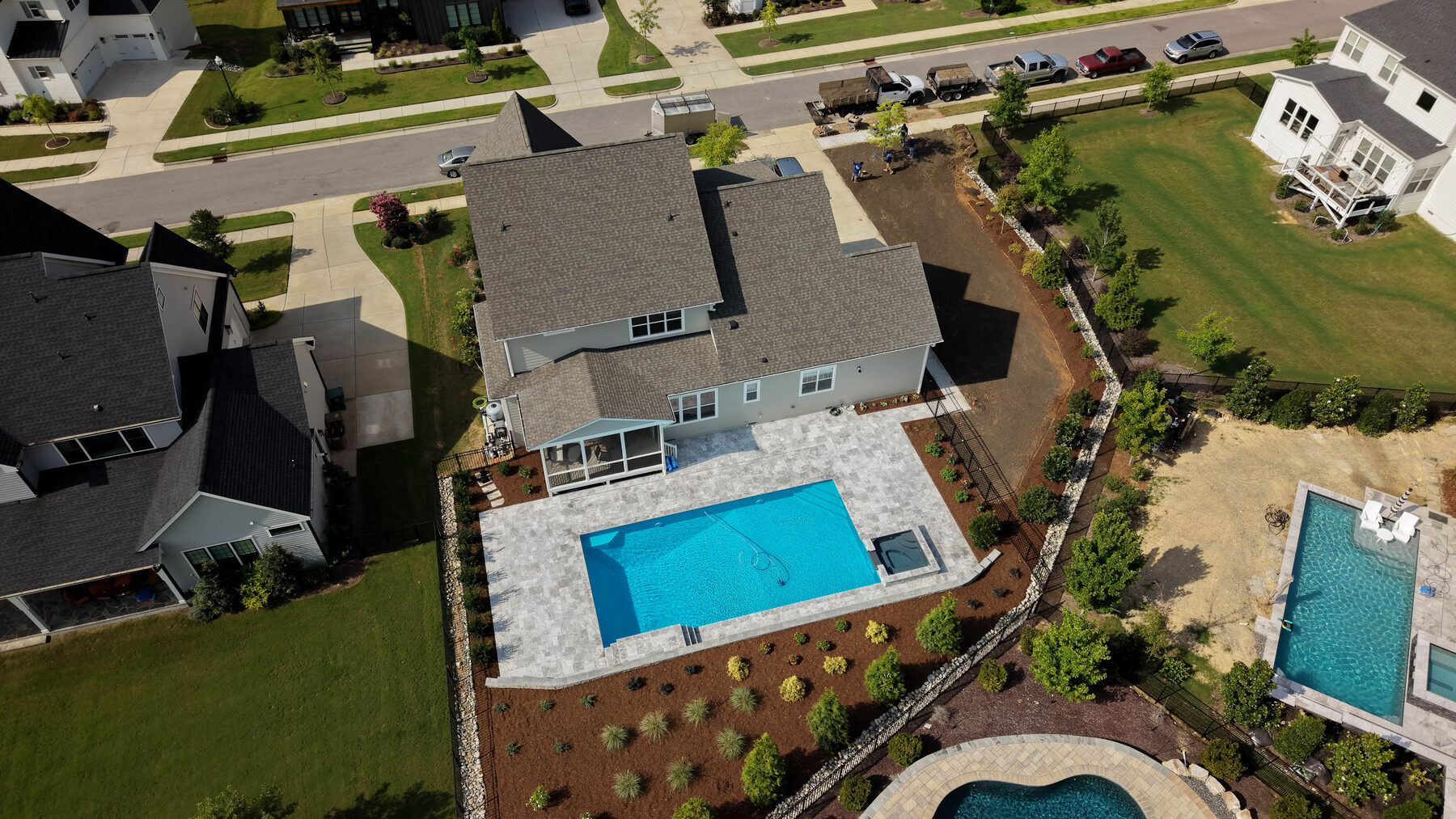Aerial view of pool and patio
