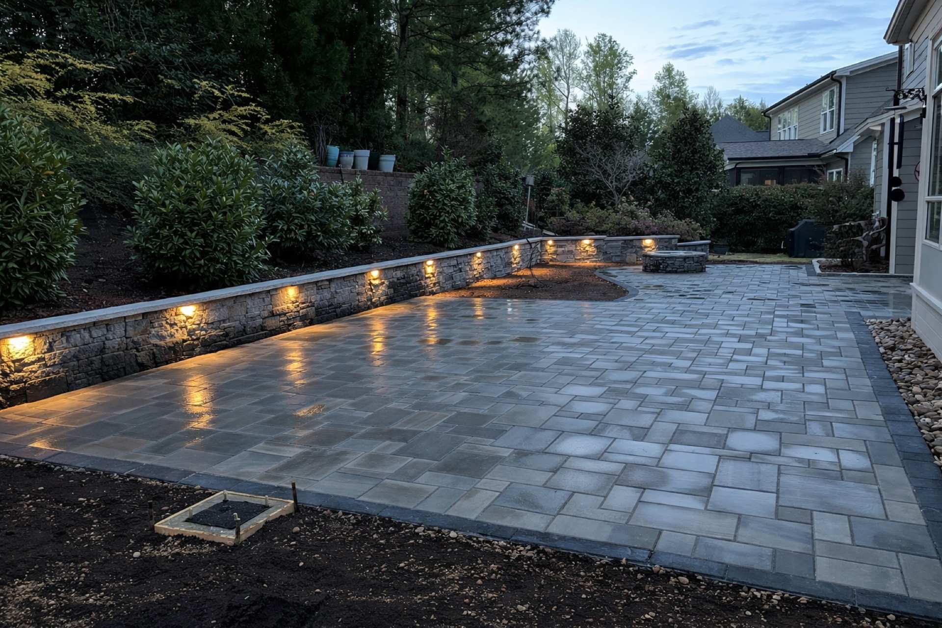 Patio with outdoor lighting by GM Stonework